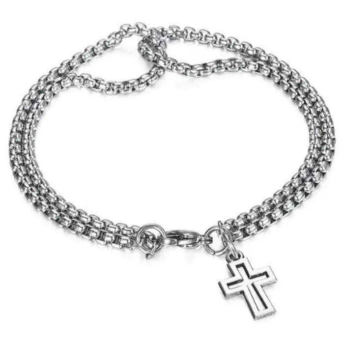 Bracelet à pendentif croix Double couche en acier inoxydable pour hommes, Design personnalisé, couleur argent, bijoux Hip Hop Rock, ne se décolore pas