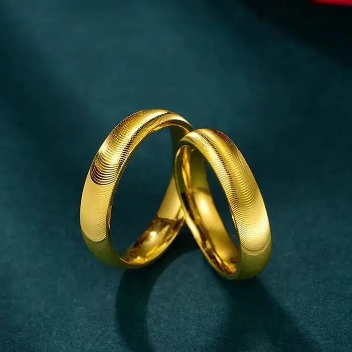 Bagues en or 24 carats brillantes simples et élégantes pour hommes et femmes, bague de couple de luxe pour amoureux, cadeaux de fiançailles de mariage, ne se décolore pas
