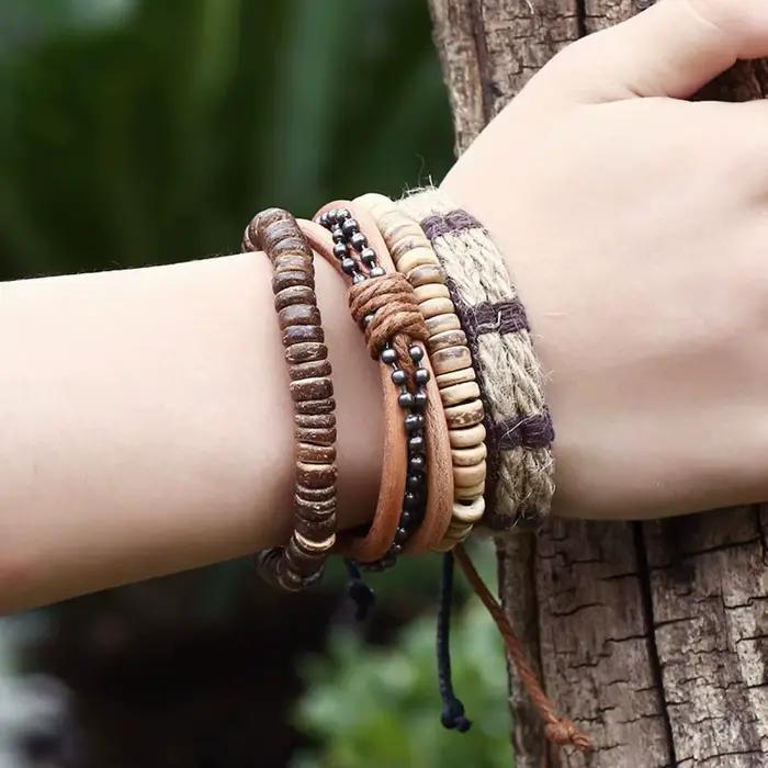 4 pièces/ensemble tressé Wrap Bracelets en cuir pour hommes Vintage arbre de vie gouvernail charme perles de bois ethnique Tribal Bracelet corde Bracelet