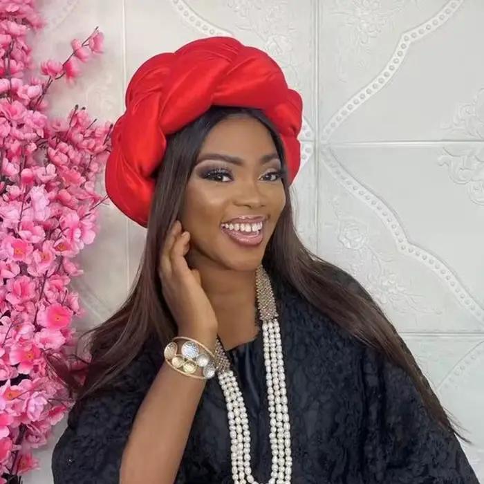 Grande tresse exagérée bandeau africain en soie brute Turban casquette pour les femmes Nigeria fête de mariage casque femme bandeau