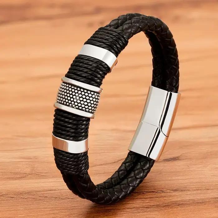 Bracelet en cuir tissé pour hommes, Style spécial, classique, en acier inoxydable, Design Double couche, 21cm