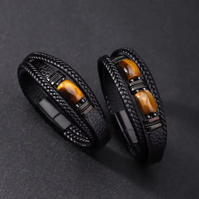 Bracelet en pierre œil de tigre avec boucle magnétique, bijoux pour hommes européens et américains, bracelet rétro pour hommes, bracelet en cuir