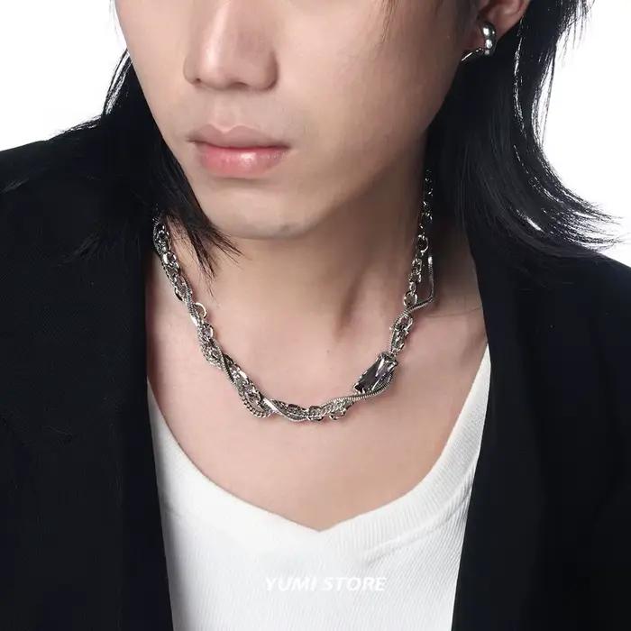 Collier à pampilles carrées à double couche pour hommes, clavicule en acier au titane, bijoux de conception coréenne, accessoires K-pop, vente en gros