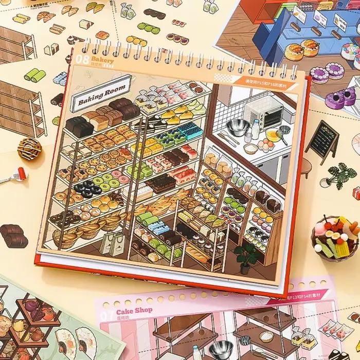 Livre d'autocollants 3D miniature sur le thème du paradis gastronomique, avec illustrations exquises et rangement immersif