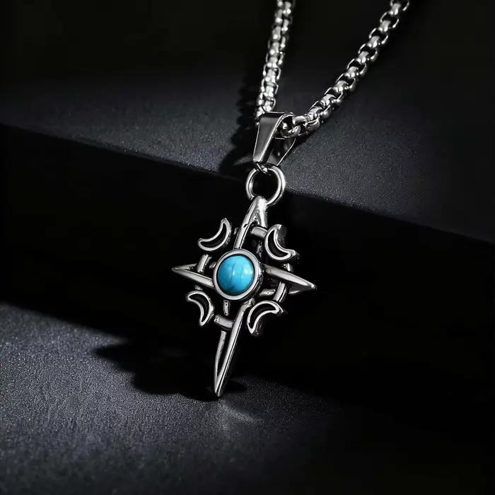 Collier pendentif géométrique en pierre naturelle Turquoise pour hommes, breloque étoile de lune en acier inoxydable, étanche, bijoux à la mode, cadeau