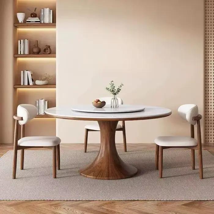 Table à manger ronde moderne et simple avec plateau tournant, table à manger haut de gamme en ardoise et bois massif, et ensemble de chaises