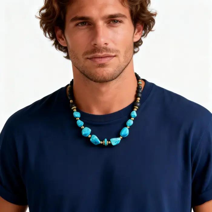 Collier vintage en perles turquoise pour hommes et garçons, colliers ethniques en pierres naturelles irrégulières, bijoux bohèmes d'été, cadeau