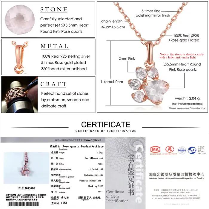 LAMOON – pendentif patte d'ours en argent Sterling 925, collier en Quartz Rose naturel, bijoux de pierres précieuses, chaîne en or Rose LMNI027