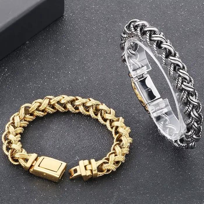 Bracelet vintage pour homme, en acier inoxydable tressé, chaîne à maillons torsadés, couleur or de luxe, bijoux pour poignet, cadeaux