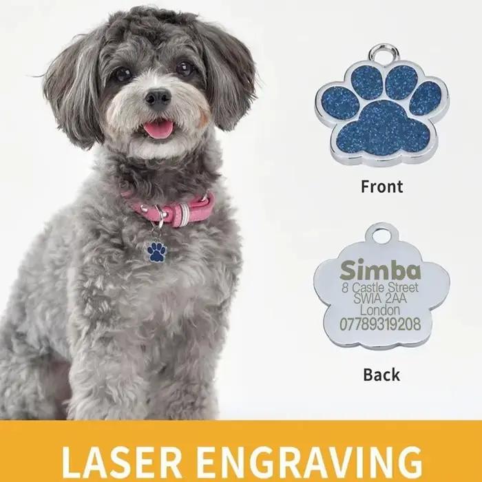 Étiquettes de plaque personnalisées gratuites pour chien et chat, nom d'identification pour chiot gravé, pendentif patte en alliage à paillettes, accessoires pour animaux de compagnie et chiens
