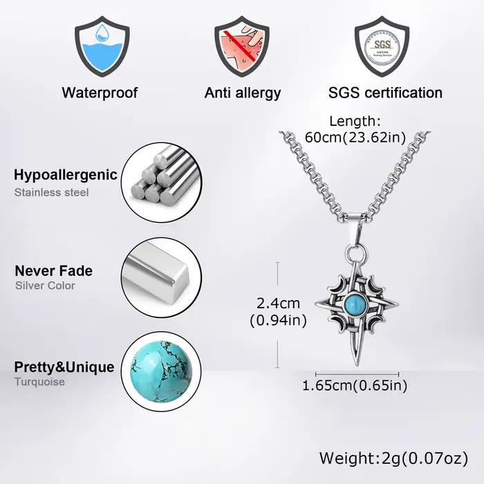 Collier pendentif géométrique en pierre naturelle Turquoise pour hommes, breloque étoile de lune en acier inoxydable, étanche, bijoux à la mode, cadeau