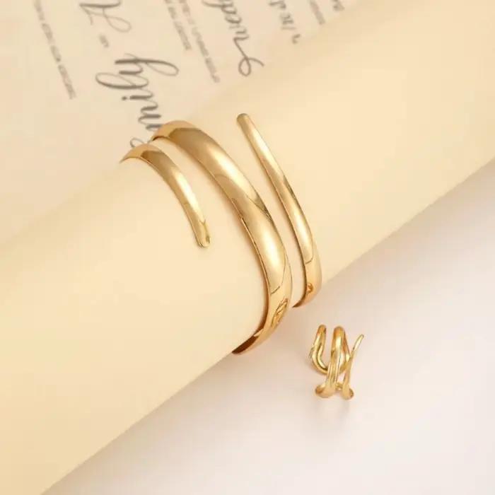 Ensemble de bijoux pour femmes, Bracelet épais européen et américain, couleur or, ligne géométrique, ensemble combiné de bagues