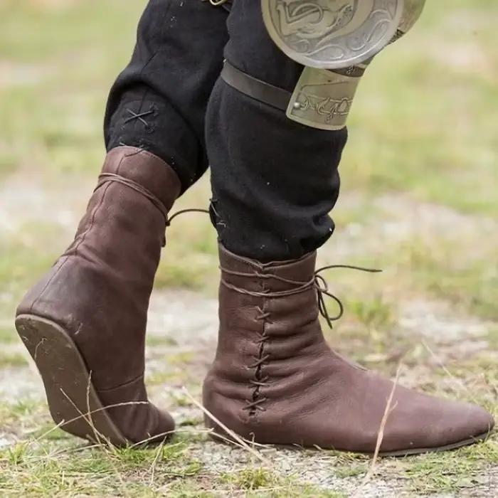 Costumes de Cosplay de carnaval médiéval pour hommes et femmes, bottes en cuir de Pirate d'halloween à lacets, accessoires de scène rétro
