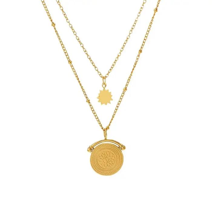 Collier pendentif rond Double couche pour femmes, Design 14K, polyvalent, douze étoiles, accessoire de bijoux à la mode