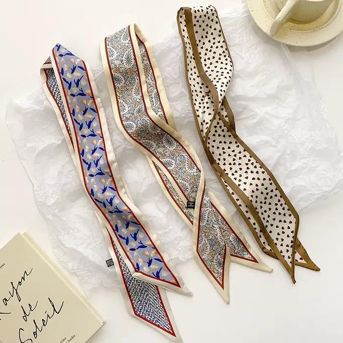 Écharpe fine en soie, bandeau élégant, foulard décoratif, longue bande polyvalente, attache pour cheveux, ruban de fixation pour sac, accessoire de mode pour cheveux