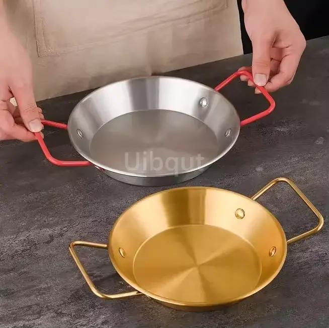 Poêle à paella espagnole en acier inoxydable de bonne qualité, plat à fruits de mer, poulet frit coréen, plat à fromage, sucrier Binaural pour fruits
