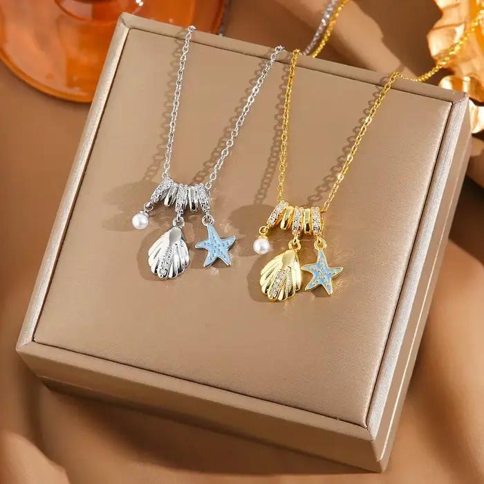 Collier multi-breloques style marin, étanche, en acier inoxydable, avec pendentifs étoile de mer bleue, coquillage, perle et cristal, bijoux de plage pour les vacances
