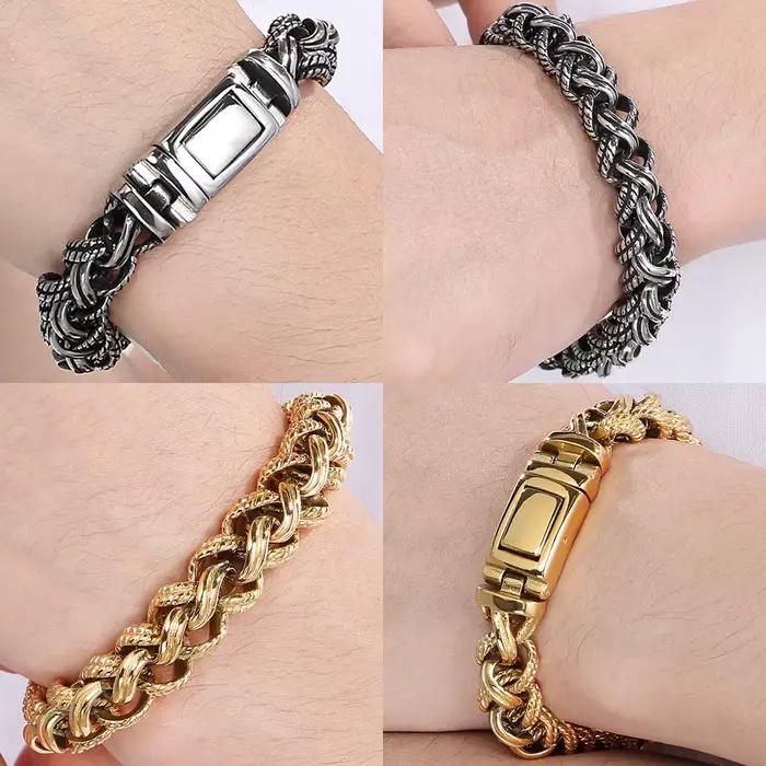 Bracelet vintage pour homme, en acier inoxydable tressé, chaîne à maillons torsadés, couleur or de luxe, bijoux pour poignet, cadeaux