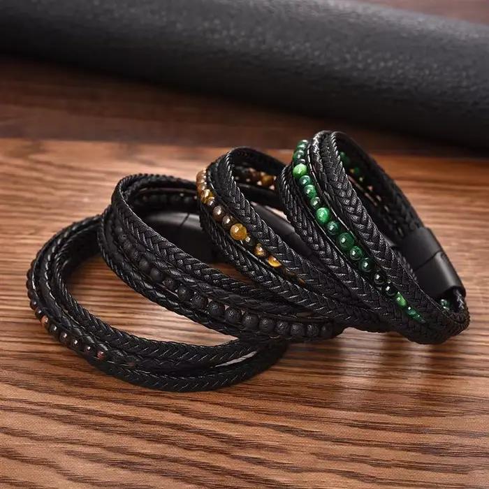 Bracelet en cuir multicouches pour hommes, perles en pierre naturelle, bijoux Punk en acier inoxydable, fermoir magnétique, cadeau