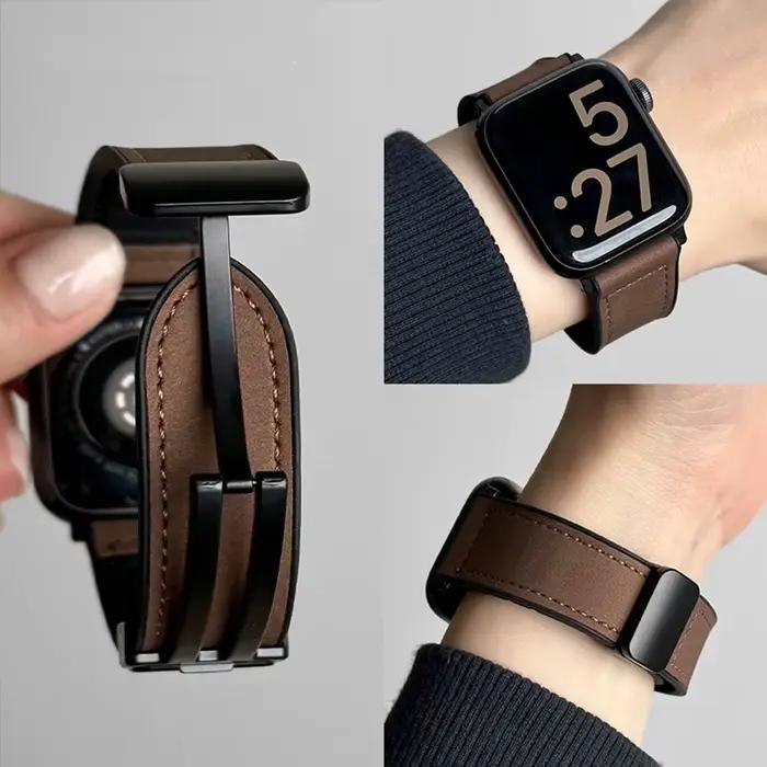 Bracelet en cuir et Silicone pour Apple Watch, Ultra 49mm 44mm 45mm 41mm 46mm 40mm 42mm, Bracelet magnétique iwatch série 10 9 8 7 6