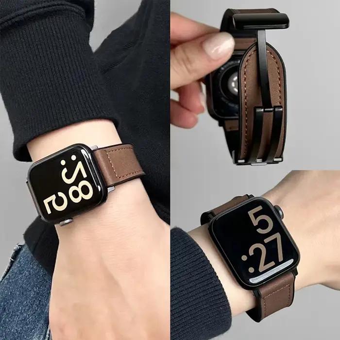 Bracelet en cuir et Silicone pour Apple Watch, Ultra 49mm 44mm 45mm 41mm 46mm 40mm 42mm, Bracelet magnétique iwatch série 10 9 8 7 6