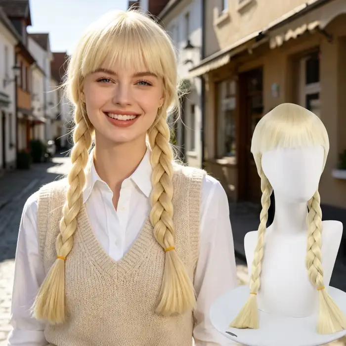 Perruque synthétique blonde à double tresse avec frange, cheveux longs tressés pour cosplay, soirées à thème et événements costumés