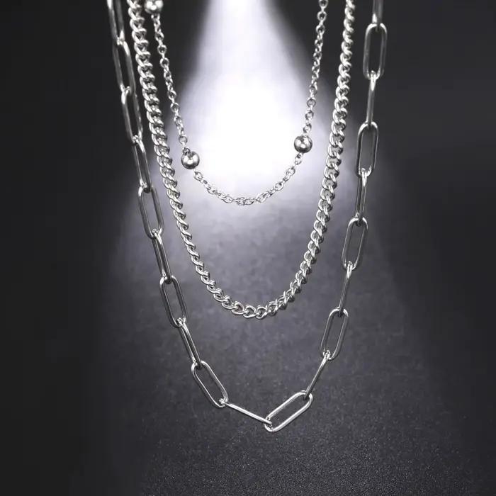 Collier à trois couches en acier inoxydable pour hommes et femmes, hip hop, collier cubain, tour de cou en perles simples, bijoux pour cadeau de fête