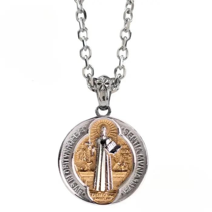 Collier Religieux Vintage en Titane et Acier, Bijou avec Croix et Texte de Prière, Saint Benoît, PmotExorciste