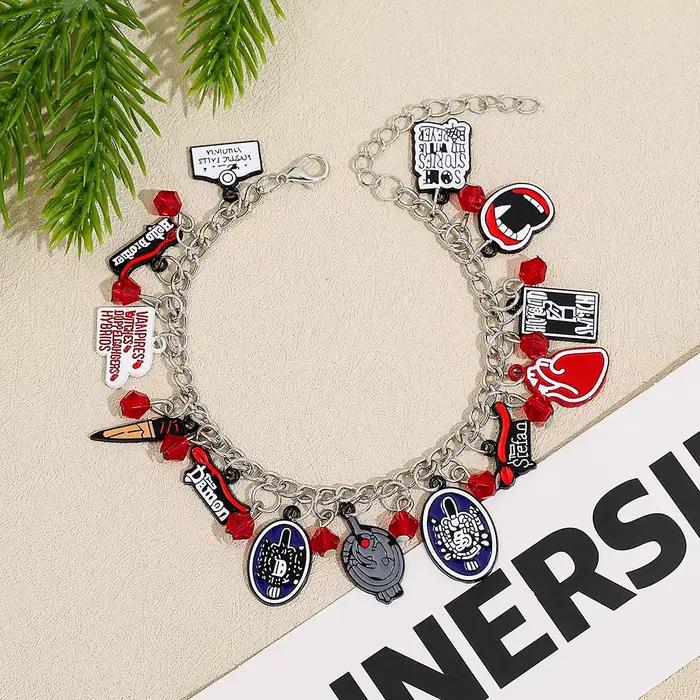 Bracelet à breloques The Vampire Diaries - Personnages Damon & Stefan, thème Mystic Falls, bijou fantaisie pour fans