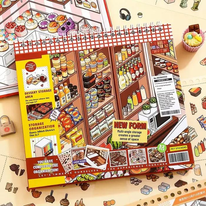 Livre d'autocollants 3D miniature sur le thème du paradis gastronomique, avec illustrations exquises et rangement immersif