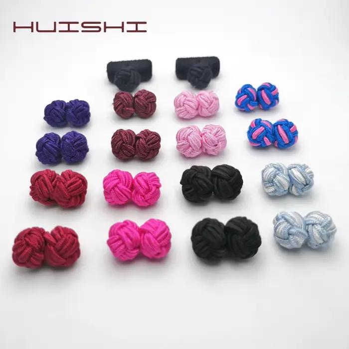 HUISHI – boutons de manchette classiques haut de gamme pour hommes, faits à la main, Double corde, nœud boule, forme ronde, tissu élastique multicolore