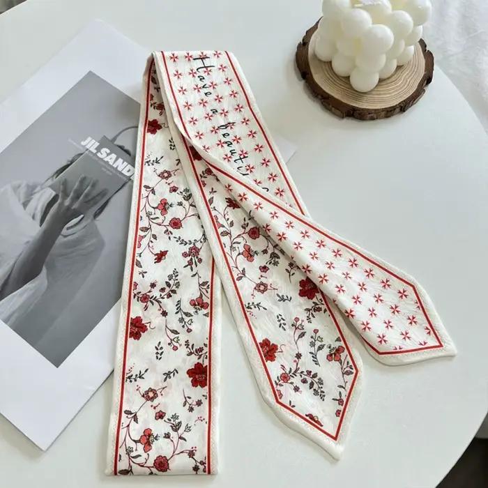 Écharpe en ruban de soie satiné polyvalente, tendance, florale fraîche, longue et fine, cravate pour cheveux, sangle de sac étroite pour femmes