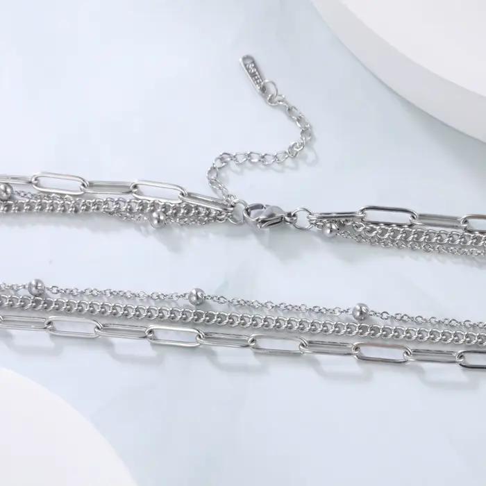 Collier à trois couches en acier inoxydable pour hommes et femmes, hip hop, collier cubain, tour de cou en perles simples, bijoux pour cadeau de fête