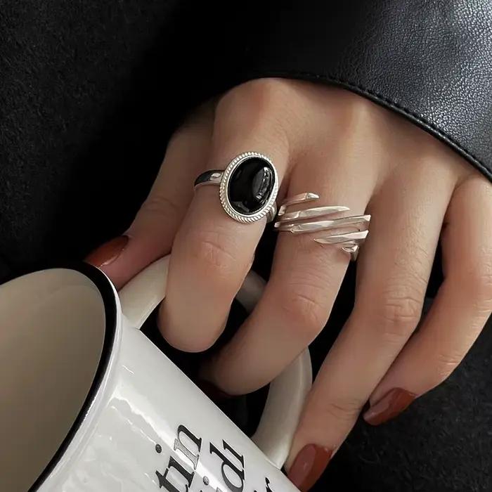 Bagues géométriques en argent Sterling 925 en pierre noire pour femmes et hommes, Simple, mode coréenne, ouverte et réglable, faites à la main, cadeaux de Couple