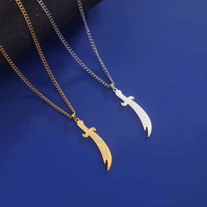 Collier Épée Zulfiqar Acier Inoxydable Pendentif Géométrique Bijou Musulman Protection Occasions Spéciales
