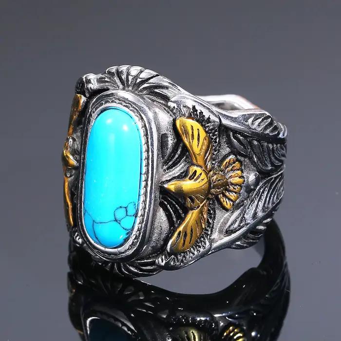 Bague en acier inoxydable avec pierres précieuses, turquoise tendance, pour homme, style punk, cadeau idéal pour petit ami, livraison directe