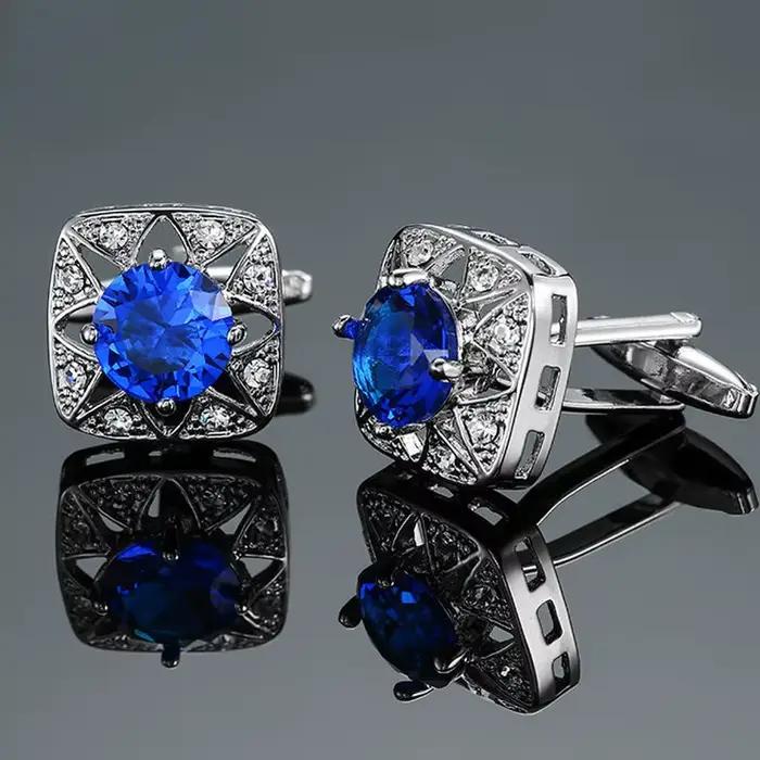 Boutons de manchette de luxe bleus rétro en métal pour hommes, boutons de manchette carrés français pour chemises, bijoux pour mariage, cadeau d'affaires