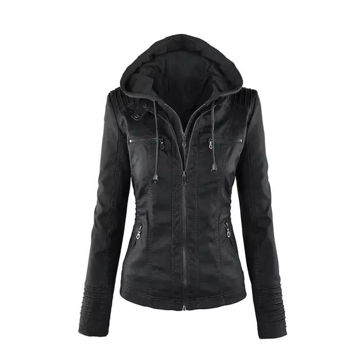 Veste gothique en simili cuir pour femme, manteau à capuche, veste de moto, hiver et automne, vêtements d'extérieur noirs, veste de base en cuir PU, 2025