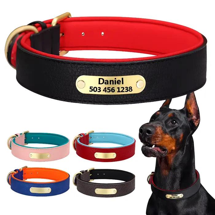 Collier de chien gravé personnalisé colliers de chiens rembourrés en cuir avec étiquette de plaque d'identification personnalisée 2 couches pour petits et grands chiens Pitbull