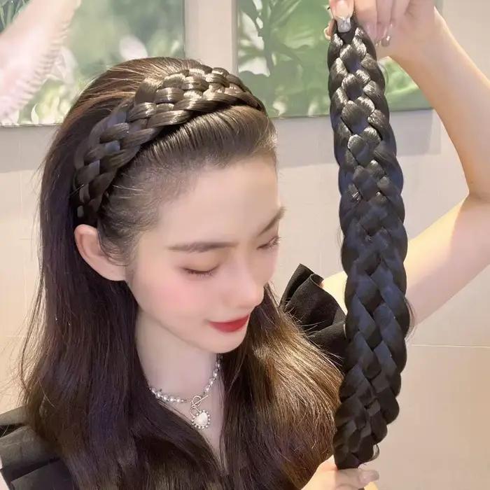 Femmes torsion tresse bandeaux 4.5 cm largeur mode large synthétique perruque bandeaux élastique réglable bohème coiffure postiches