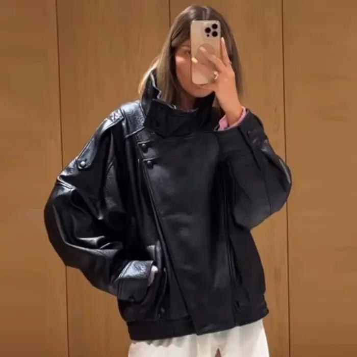 HXAO Faux cuir noir vestes pour femme nouveauté recadrée surdimensionné Bomber veste fermeture éclair à manches longues manteaux moto vestes