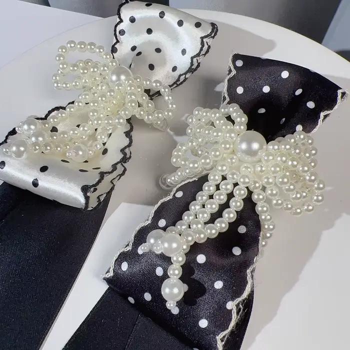 Nouvelle Élégante Nœud Papillon Noir Orné de Perles pour Femme, en Tissu Couleur Unie, Accessoire de Mode Bijou pour Chemise