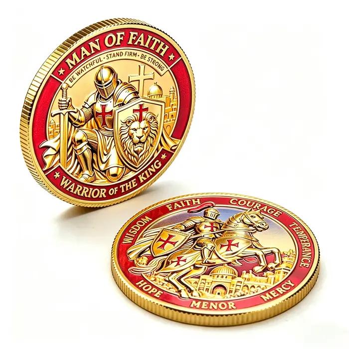 Pièce de défi Chevalier Templier Homme de Foi Guerrier du Roi Plaqué Or Religieux Chrétien Médaille de Collection Cadeau