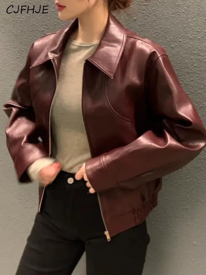 CJFHJE Blouson en cuir femme, streetwear, décontracté, court, avec fermeture éclair