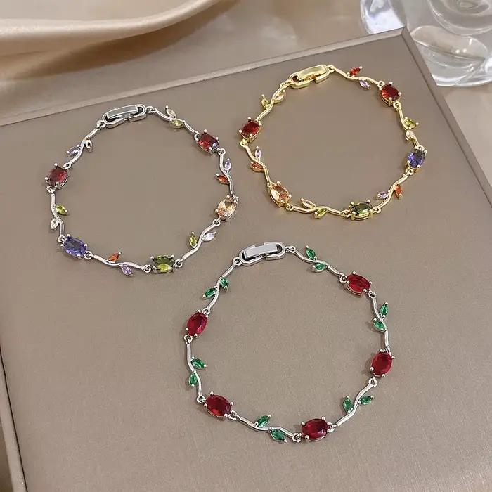 Greatera Bracelet en Zirconium cinq couleurs Rose étamines multicolore feuille pétale femmes léger luxe en acier inoxydable chaîne Fine Bracelet