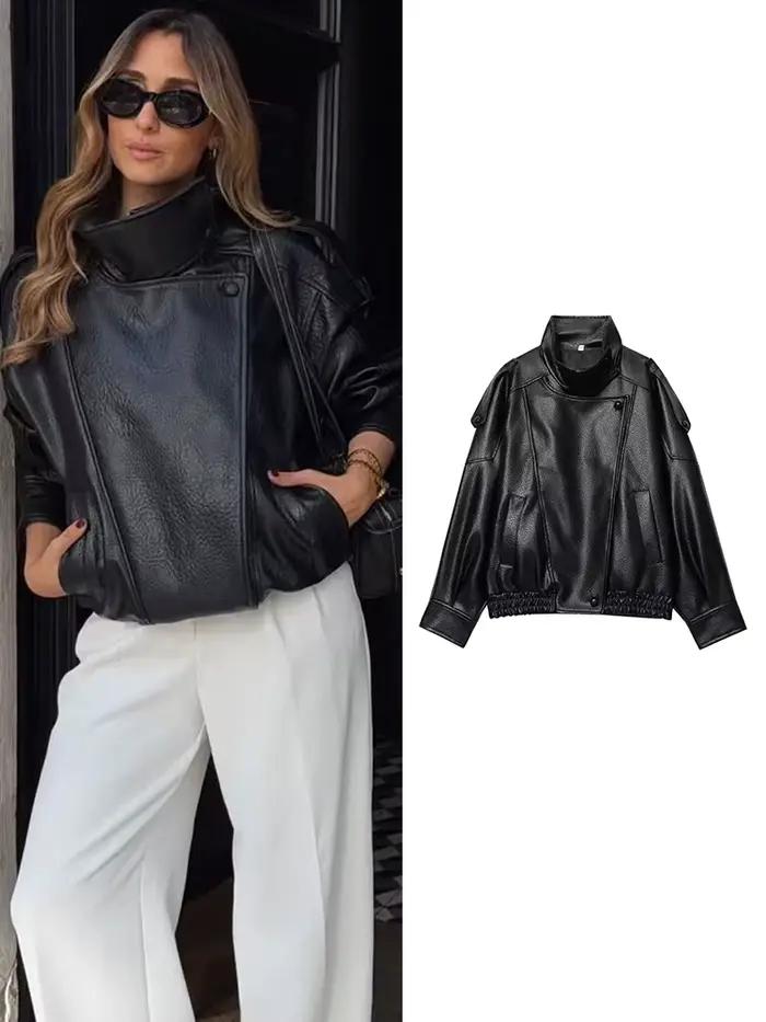 Femmes mode veste en cuir automne hiver lâche casual PU Faux cuir vestes manteau mode rue moto vestes