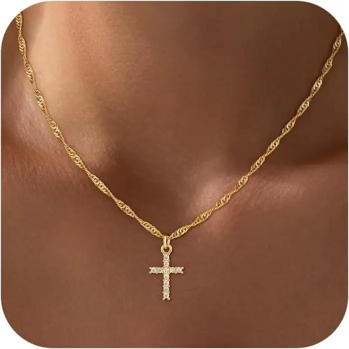 Collier croix en acier inoxydable plaqué or véritable 18 carats pour femmes et filles, ne ternit pas, étanche, bijoux de foi chrétienne de pâques, cadeaux