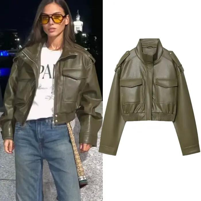 Veste femme veste simili cuir vert femme Demi-saison veste d'extérieur femme automne nouveau dans manteau coupe-vent Streetwear