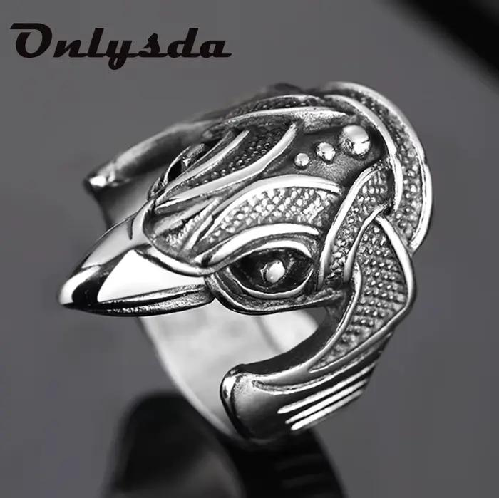 Viking hommes deux corbeaux entrelacés bague mythologie nordique couleur argent corbeau Odin anneaux en acier