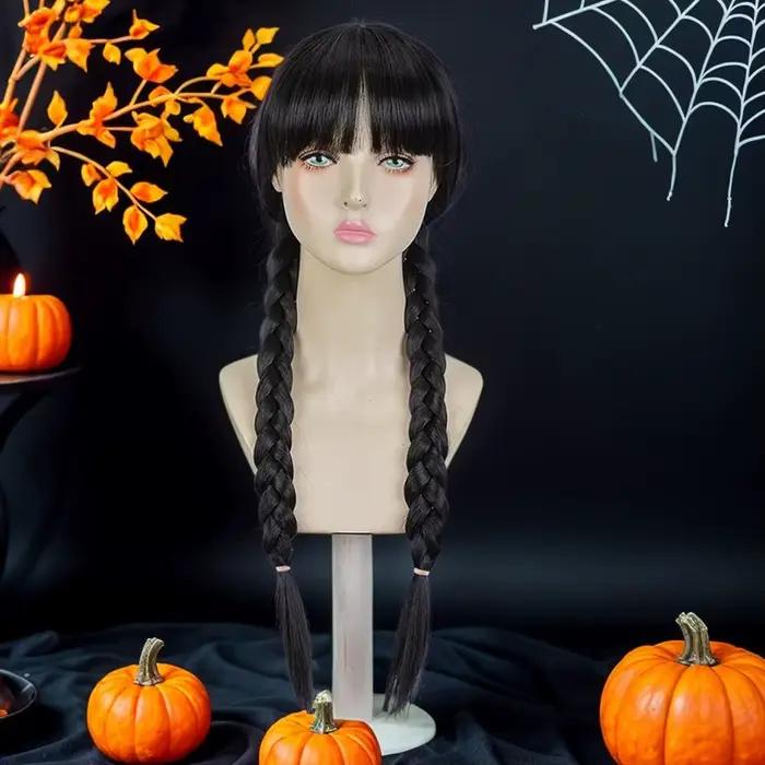 Perruque tressée Double queue de cheval pour perruques du mercredi, tresses de Costume gothique d'halloween, Anime Double noir tressé synthétique avec frange